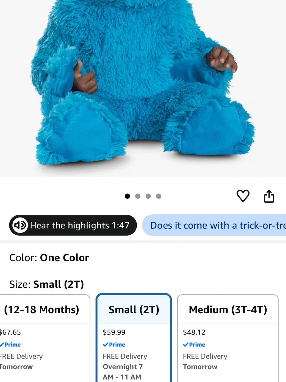 Disguise Bright Blue Cookie Monster Plush Costume - 2T